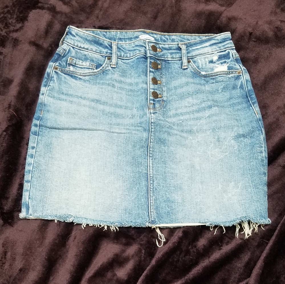 Button Fly Frayed Hem Jean Mini Skirt